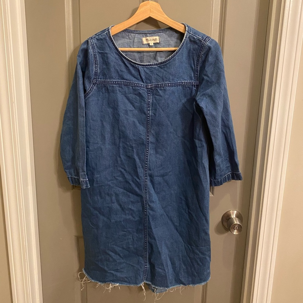 Madewell Blue Denim Jean Three Quarter Sleeve Midi Frayed Hem Dress
